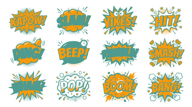 Retro pop art onomatopoeia speech bubble collection set.