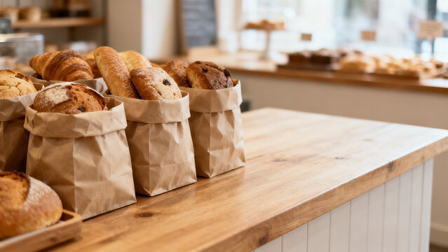Local small business scene featuring paper bags unbranded boxes bakery inde