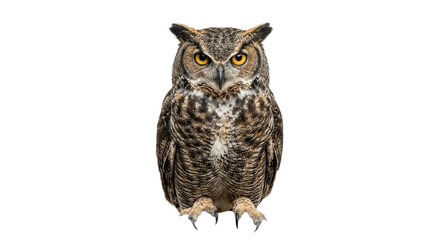 Majestic great horned owl with piercing yellow eyes stands alert against a stark white background © Sapphire
