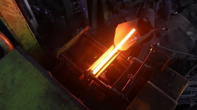 Hot metal bar glowing inside automated forging machine at industrial hand tool factory