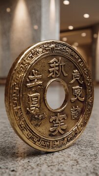 Auspicious Chinese feng shui antique bronze coin with round hole for prosperity