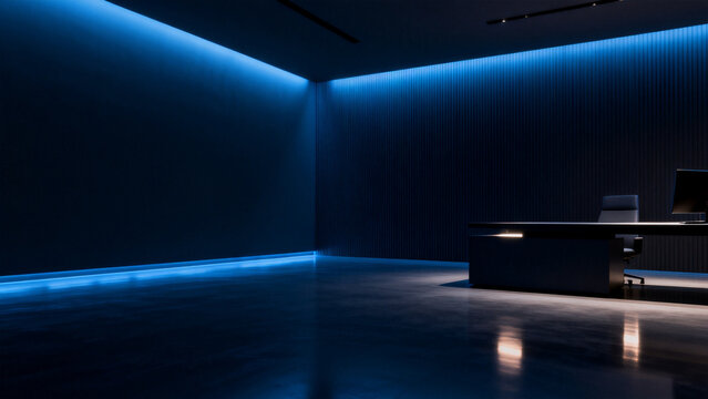 Modern data protection atmosphere of blue grey reflective floor glass parti