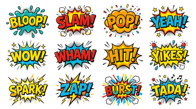 Retro pop art speech bubbles with wow and wham effects.