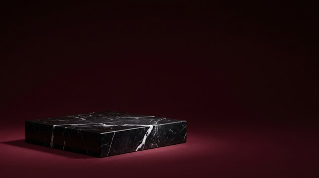 Luxury black marble pedestal with top headroom on burgundy background