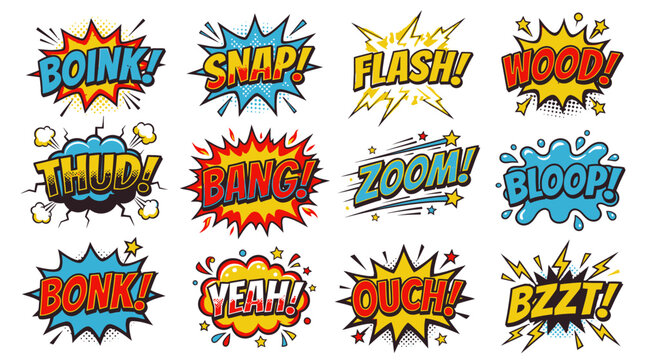 Set of comic sound effect speech bubbles with snap and zoom.