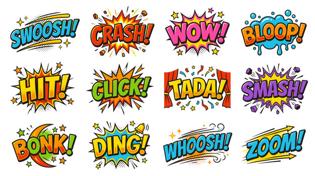 Set of comic sound effect bubbles with movement words.