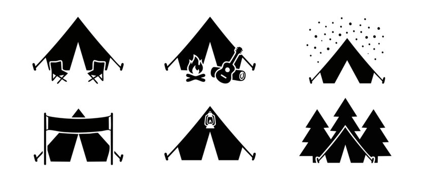 Camping tent icon set collection featuring minimalist black silhouettes of outdoor recreation gear, campfire, guitar, forest trees, and lantern for adventure graphic design and logo templates.