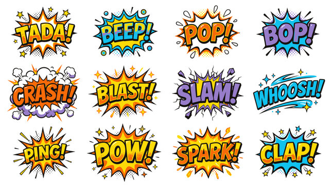 Retro style comic book sound effect bubbles graphic set.