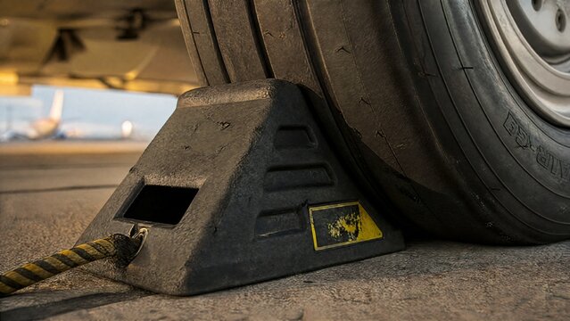 Extreme close-up of a heavy rubber wheel chock positioned against an aircraft tire.