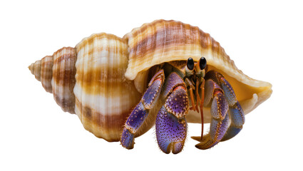 Hermit crab with purple legs inside a striped shell © Maria