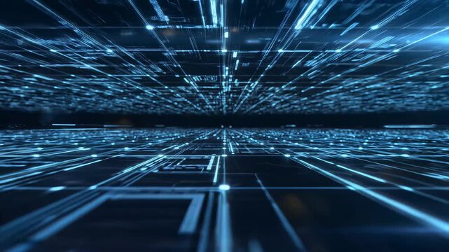 Abstract blue digital data flow and neural network connection background animation