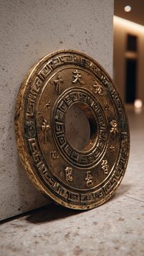 Ancient Chinese bi disc bronze coin with traditional patterns and characters leaning against a stone wall, antique oriental artifact 3D illustration