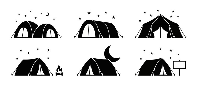 Camping tent silhouettes vector set featuring night sky, stars, moon, campfire, and wooden sign icons for outdoor adventure logo designs, travel graphics, and minimalist campsite illustrations.