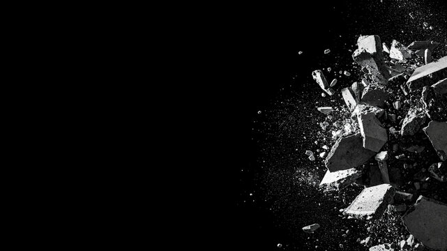 Side Concrete Blast Overlay, Exploding Shards from Right on Black Background