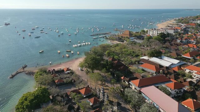 Benoa Beach Area And Local Indonesian Village Bali Uluwatu Drone Rise Over Ocean 4K 30FPS