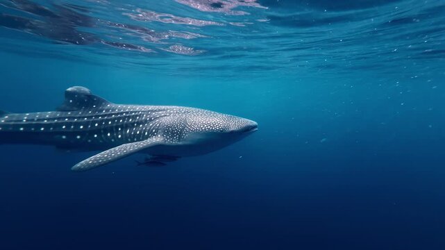 A majestic whale shark swimming peacefully just beneath the ocean surface in the blue waters of Sogod Bay, Philippines.