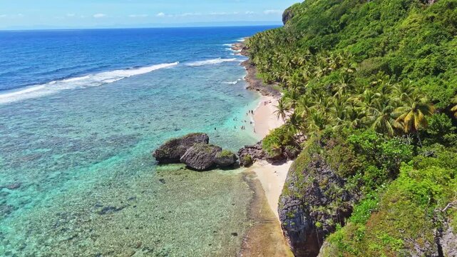 Drone view of Playa Fronton and rocks in Las Galeras Samana, Dominian Republic
