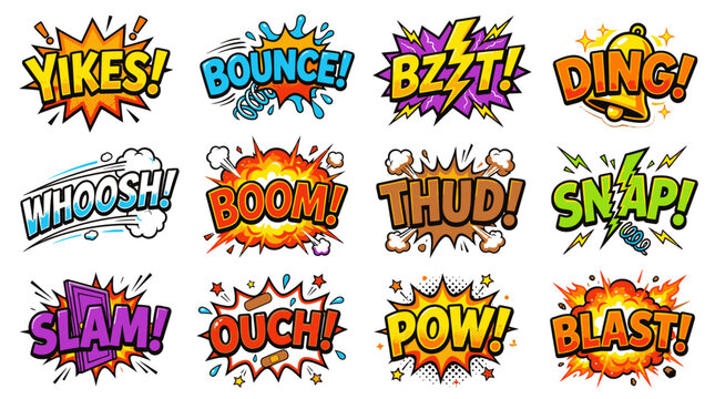 Set of explosive comic speech bubbles with action sounds.