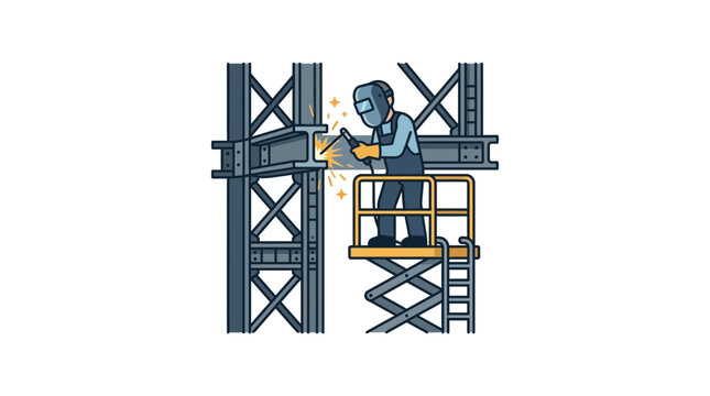 Construction worker welding steel beams on a high platform.