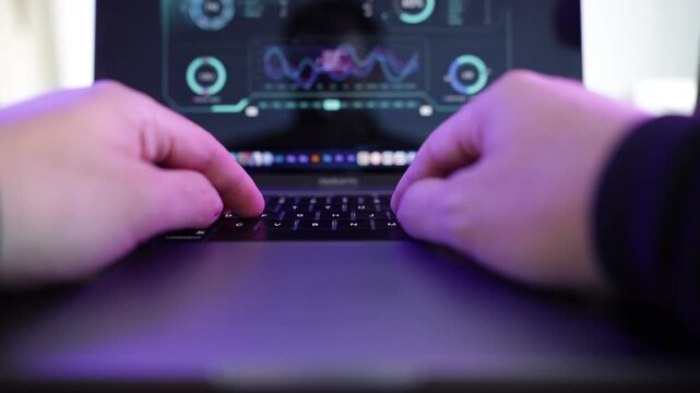 Cinematic macro shot of hands actively typing on a laptop keyboard, representing online work, content creation, programming, communication, and office productivity.