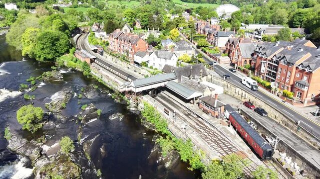 Llangollen railway station on banks of River Dee North Wales drone aerial view