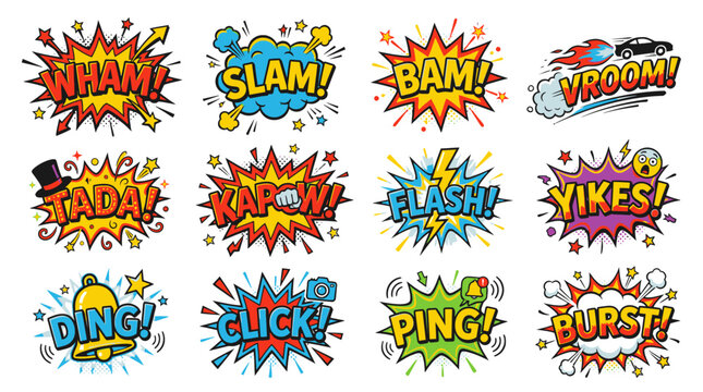 Pop art comic action stickers with Slam and Vroom.