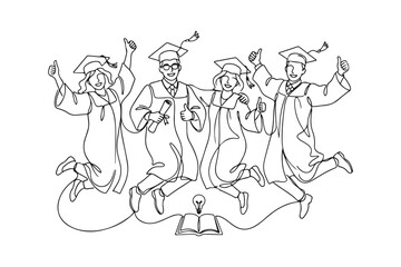 Obraz premium Single continuous line drawing group of young happy graduate male and female college student jumping wear gown and giving thumbs up gesture.