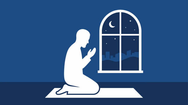 Man praying at night by window.