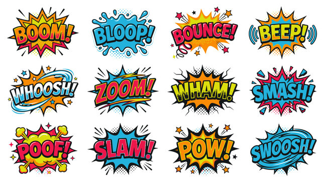 Retro comic book action bubbles with boom and wham sounds