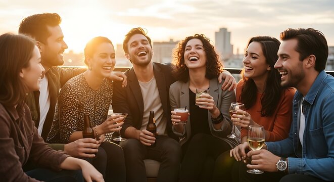 Group of happy friends laughing and drinking together on a rooftop at sunset.