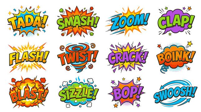 Various comic action sound bubbles for graphic design projects.