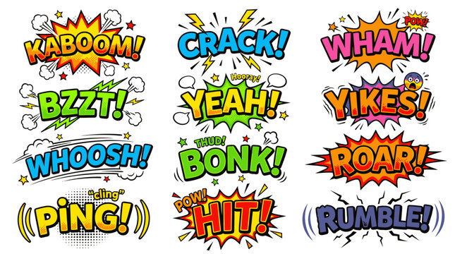 Retro comic book action sound effects and speech bubbles.
