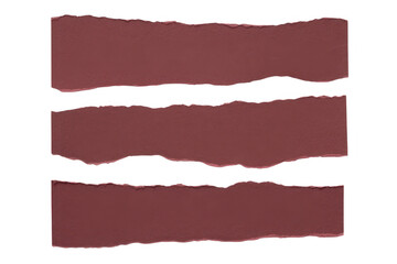 Fototapeta premium Three horizontal strips of torn maroon paper with rough jagged edges isolated on a black background, for scrapbooking and, collage projects