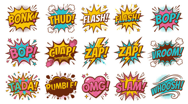 Vector comic book action sound effects in vibrant colors.