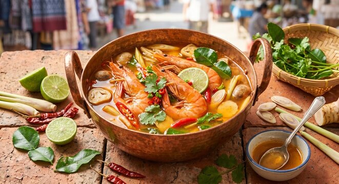 Thai Tom Yum Goong Spicy Shrimp Soup with Lemongrass Galangal Kaffir Lime Leaves in Copper Pot