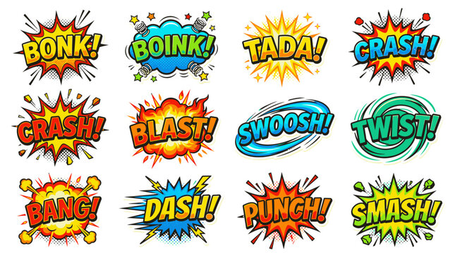 Pop art comic bubbles bonk boink tada and smash effects