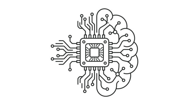 Microchip connected to brain neural network line icon.