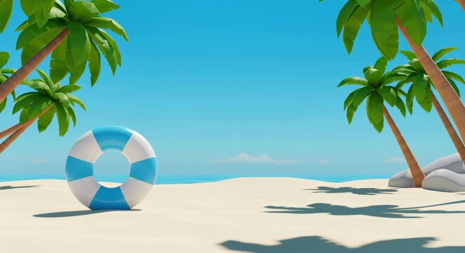 Summer beach background template with an inflatable swim ring and palm trees on a sandy shore of the azure ocean for commercial marketing, cruise promo videos, banners and advertising
