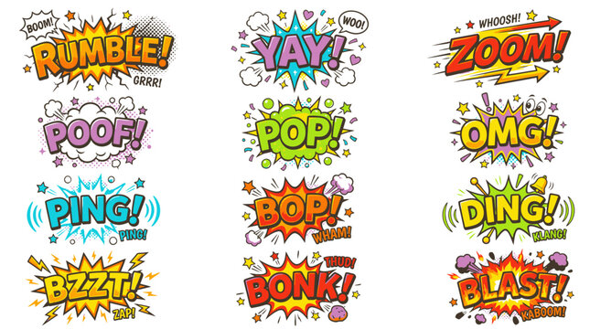 Pop art comic bubbles including yay and boom phrases.