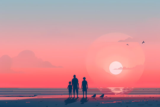 Father and two sons standing on the beach during sunset