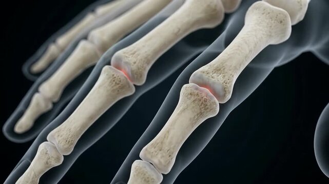 Animation of human finger bone anatomy showing joint pain