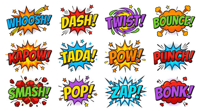 Vibrant action comic sound words and explosion bubbles.