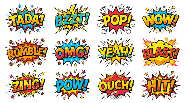 Pop art comic bubbles with various action onomatopoeia words.