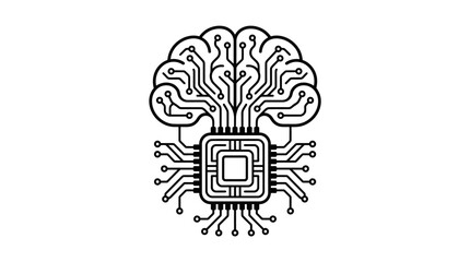 Fototapeta premium Neural network brain connected to a vertical microchip icon.