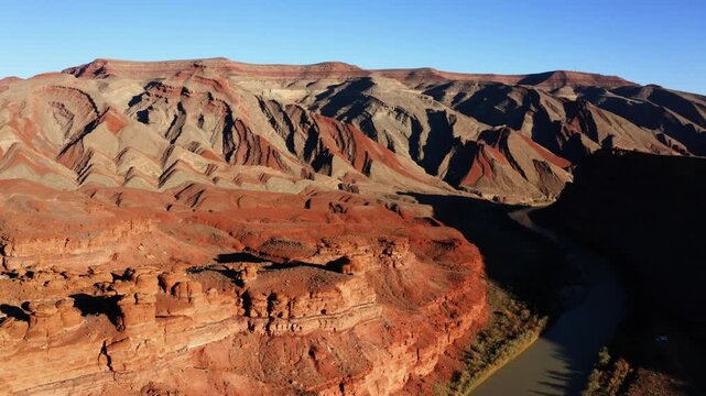Wide shot of Raplee Ridge and San Juan River in southeastern Utah.