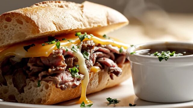 French dip roast beef sandwich with melted cheese and herbs served with au jus dipping sauce