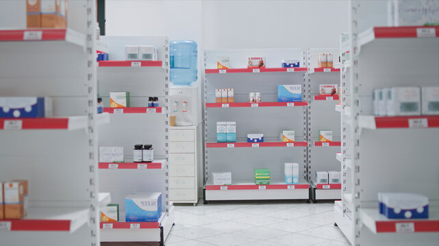 Empty drugstore equipped with medical supplies and products, vitamins and healthcare nutrients, pharmacy shelves full of prescription medicine for customers, insurance services