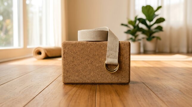 Natural cork yoga block and durable cotton stretching strap on wooden floor in a sunlit home fitness space representing healthy lifestyle choices mindfulness and daily wellness practice.