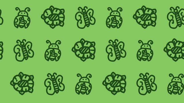 Seamless pattern of hand-drawn butterflies, spotted ladybugs, and blooming flowers on a green background animation for minimalist spring garden wildlife wallpaper.