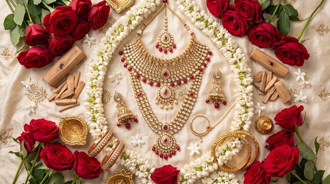 Traditional Indian bridal gold jewelry set with red roses jasmine garlands and sandalwood on silk fabric